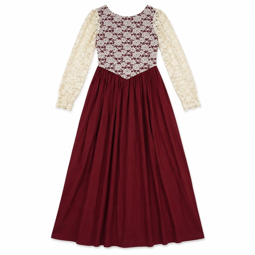 Vtg 70s Burgundy Lace Maxi Dress Sleeve Bow Prairie Cottagecore Edwardian XS
